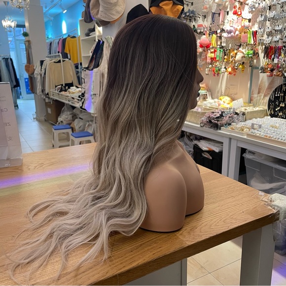 Human hair blend lace front ash blonde with dark roots wavy wig. main image 5
